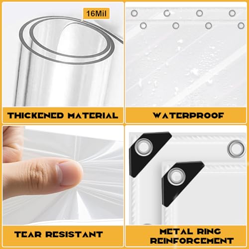 10x20ft 16Mil Chicken Coop Cover for Winter,Thickened Waterproof Clear Tarp | Heavy Duty Waterproof Clear Tarp for Chicken Run Insulation,Chicken Coop Winterizing Vinyl Cover,with Elastic Cords&Rope - size: 10x20ft
