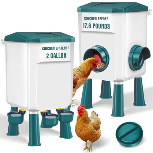 Auto No Waste Chicken Feeder and Waterer Set 2 Gallon/17.6 Pounds | Sturdy & Durable Chick Feeder and Waterer Set, Poultry Feeder Large for Hens/Ducks/Poultry - color: Blue