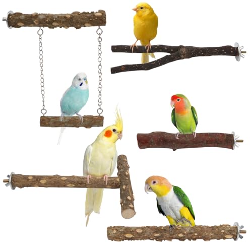 Hypeety Natural Wood Bird Perch for Parakeets Bird Chew Stands for Cage | Natural wood, anti-slip, with hanging swing, fork and T shaped perch, easy to install, suitable for parakeet/cockatiel, 5pcs