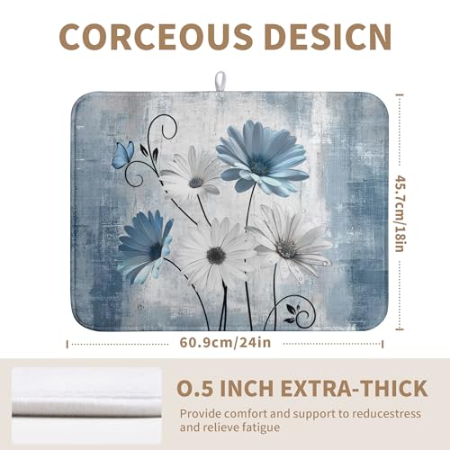 Dish Drying Mat for Kitchen Counter 18x24 Inch Blue Grey Daisy Drying Pads Rustic Vintage Floral Dish Dry Mat Microfiber Absorbent Farmhouse Dish Drainer Mat Flowers Dish Drainer Rack Mat - color: Blue Grey Daisy, size: 18" x 24"