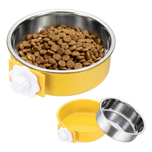Crate Dog Bowl, Removable Stainless Steel Pet Cage Hanging Anti-Overturn Food Water Feeder Cage Cup (Round, Yellow, 25.3oz), Intended for Puppies/Cat/Rabbit/Bird - color: Yellow, size: 6.4"(25.3oz)