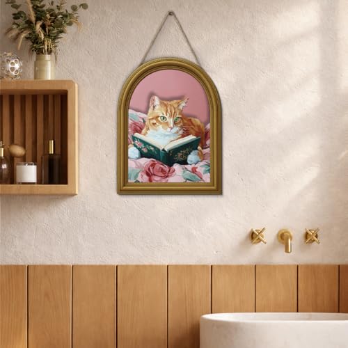 3D Pink Cute Cat Reading Table Decor Sign, Vintage Cat with Book Wall Art Sign for Home Bedroom Reading Room Desk Wall Shelf Decor 8x10 Inch - color: color-B
