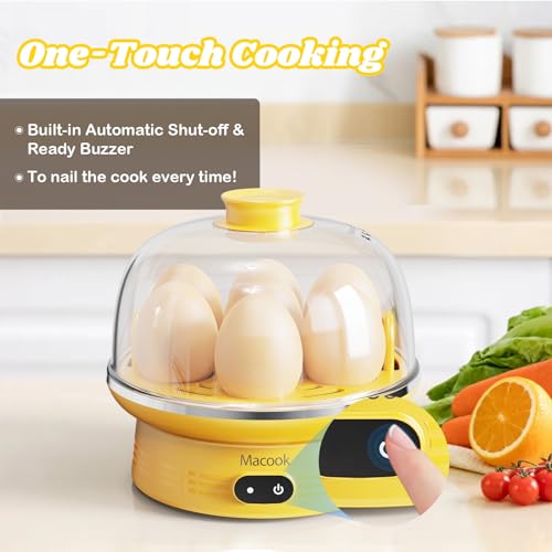 Macook Easter Rapid Egg Cooker with Touchscreen – 7-Egg Capacity, Soft/Medium/Hard-Boiled, Auto Shut-Off, BPA-Free & Dishwasher-Safe Parts, Measuring Cup Included (Yellow) - color: Yellow