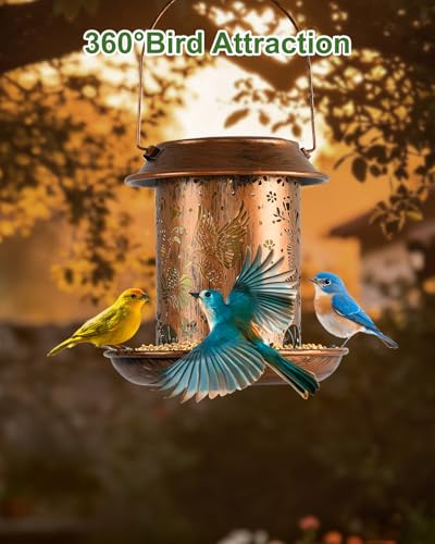 Solar Bird Feeder for Outdoors, Hanging Metal Bird Feeders with Flying Bird Carved Design, Auto-On Night Light, for Hummingbirds Cardinals Orioles Finches Bluebirds, Unique Gift for Bird Lovers - size: 6.4”