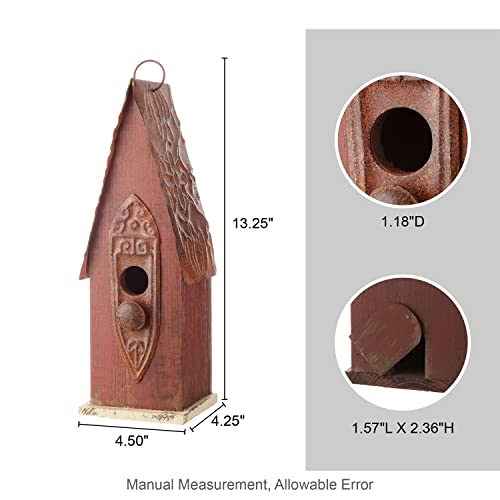 Glitzhome Bird Houses for Outside, Hand Painted Distressed Wooden Bird House for Outdoors, 13.25" H Hanging Birdhouse Bluebird House for Hummingbird,Sparrow,Wren Finch - color: Red