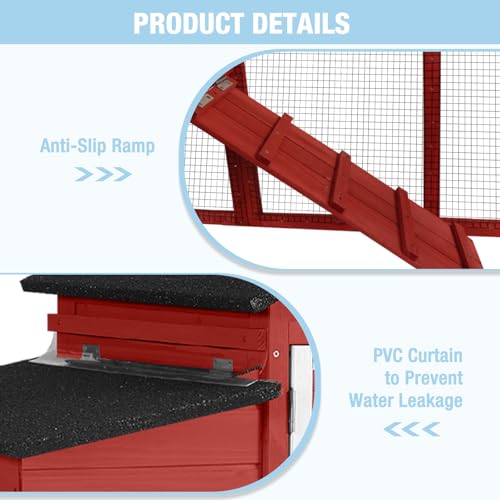Large Chicken Coop with Run, Mobile Chicken Tractor with Wheels, Wooden Hen House with Waterproof Roof, Nesting Box and Pull-Out Tray, Poultry Cage for 4 Chickens, Rabbit/Bunny Hutch (Red) - color: Red