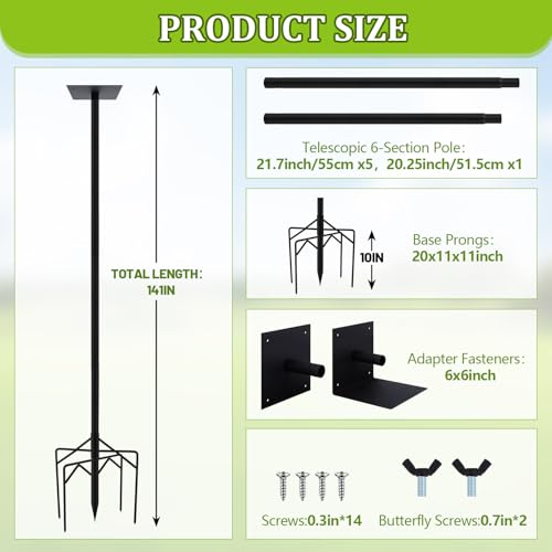 Yaocom 1 Pack 12ft Telescoping Bat House Purple Martin House Pole Kit | Supports 5kg, Anti-oxidation Steel with Heavy Duty 5-claw Base & 2 Mounting Platforms, For Backyard Garden Outdoor Use