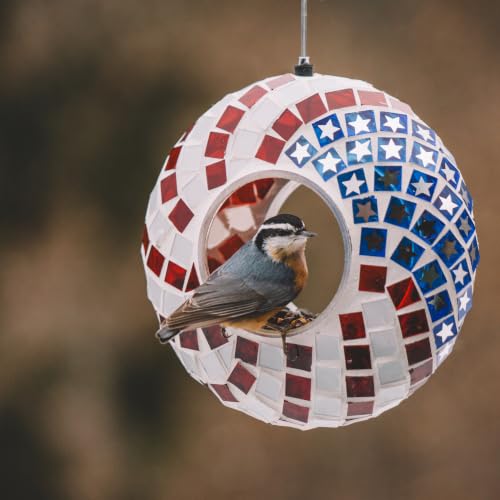 Backyard Expressions Hanging Glass Bird Feeder - Patriotic - Fly Through Bird Feeders for Outside, Mosaic Bird Feeder, Round Shape Wild Birdfeeder - color: Red, White & Blue