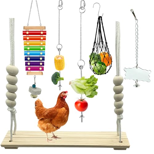 6 Packs Chicken Toys for Coop Accessries, Chicken Swing Toys for Chicken Hens, Chicken Xylophone Toys and Mirror, Vegetable Hanging Feeder, Veggies Skewer