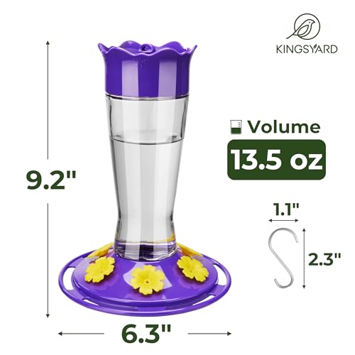 Kingsyard Glass Hummingbird Feeder for Outdoors Hanging, 14 oz Leak-Proof Humming Bird Feeders with Ant Moat & Bee Proof Feeding Ports, Hummingbird Gift for Bird Lovers (Updated Purple) - color: Light Purple