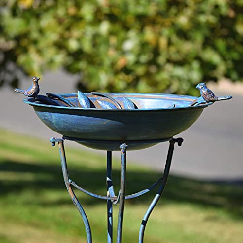 Zaer Ltd. Deep Well Made Metal Birdbath with 2 Cast Iron Birds and Leaf Decoration (Frosted Blue) - color: Frosted Blue