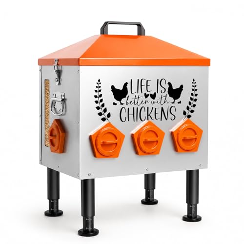 TGEYD 50LB Large Chicken Feeder – 8 Feeding Ports, No-Waste Poultry Feeder with Transparent Viewing Window, Anti-Roost Lid, & Scale-Mark Round Legs - size: 50LB