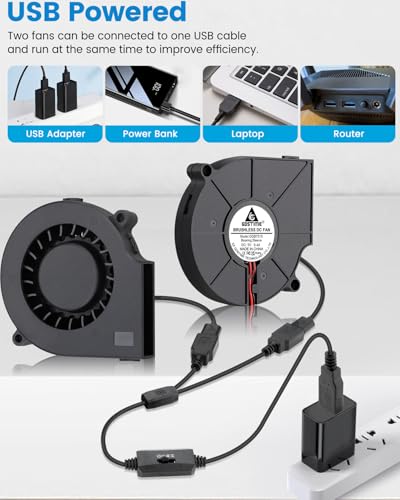 GDSTIME 75mm x 15mm 5V USB Blower Fan with 3 Speed Control, 2-Pack | 7515, Brushless DC 5 Volt Fans, Turbine Turbo Cooling Fan, for Helmet, Laptop, 3D Printer, Muti-speed Controller Included - size: 75x15mm