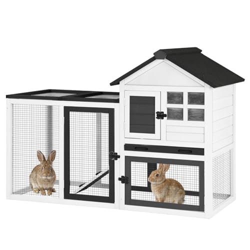 GUTINNEEN Large Rabbit Hutch Outdoor Wooden Chicken Coop Indoor Weatherproof Bunny Cage Guinea Pig House with Waterproof Roof, Leak-Proof Pull Out Tray, Lockable Door for Small Animals (Black) - color: Black & White