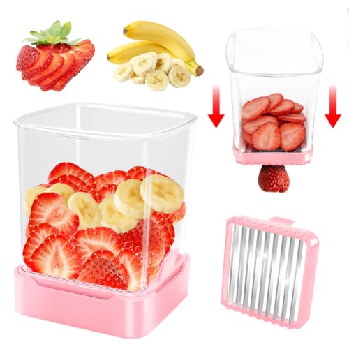 Fruit Slicer Cup for Strawberry, Banana, Hard-Boiled Egg - Detachable Cutter with Push Plate - Rapid & Safe Slicing Kitchen Gadget for Quick Meal Prep, Pink - color: Pink