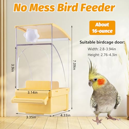 BNOSDM No Mess Bird Feeder Transparent Automatic Bird Cage Feeder with Perch Acrylic Parrot Food Container Parakeet Cage Accessories for Parakeets, Budgies, Cockatiel, Finch, Canary, Lovebird (Yellow) - color: Yellow