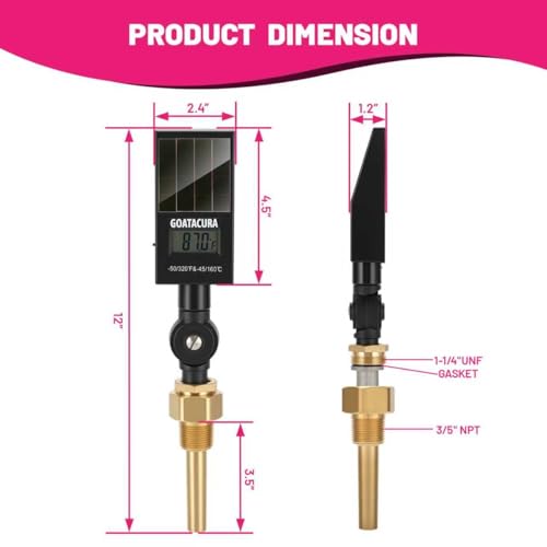 Solar Digital Thermometer, Industrial Thermometer, Brass Thermowell, 3/4" NPT Lower Mount, 3.5" Stem, -50-320 Deg F/-45-160 Deg C, 1% Accuracy