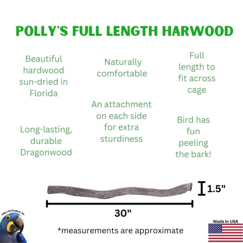 Polly's Full Length Hardwood Cage Perch for Parakeets, Cockatiels, Cockatoos, Macaws, and Other Birds (30") - size: 30"