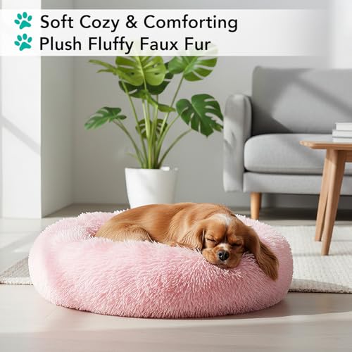 PetAmi Calming Donut Dog Bed, Washable Faux Fur, 23 Inch Small, Pink | Warm Shaggy Faux Fur and A Deep Nest Help Anxious Pets Curl Up and Sleep Soundly. Perfect for Puppies, Cats, and Rescues. - color: Pink, size: Small - 23"