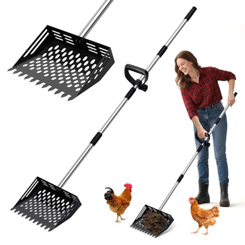 2-in-1 Chicken Poop Scooper & Rake, 38 to 66" Adjustable Stainless Steel Chicken Coop Scoop for Sand Chicken Litter Scoop with Handle Litter Sifting Shovel for Chicken Coops & Pet Waste