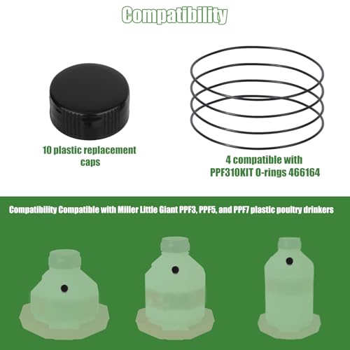 Poultry Fountain Renewal Waterer Parts, Compatible with Miller PPF3 PPF5 PPF7 10 Plastic Replacement Cap 4 O-Ring Chicken Poultry Feeder Fountain Renewal Parts Kit 3/5/7 Gallon