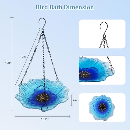 hogardeck 2 in 1 Floral Glass Bird Bath & Feeder - Hanging or Freestanding Outdoor Bird Bath with Sturdy 5-Pronged Base for Garden, Patio, Yard, Lawn Decor