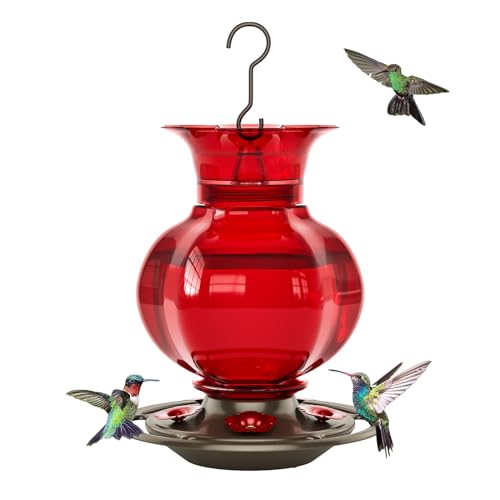 Auslar Glass Hummingbird Feeders for Outdoors Hanging, Red, 23 Oz | Hummingbird Feeder with Ant Moat & 5 Anti-Bee Feeding Ports, Ant and Bee Proof, Leakproof, Easy Clean and Fill, Garden Decor
