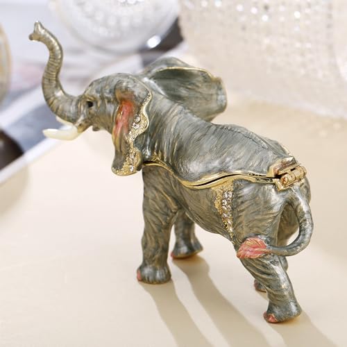 Hand Painted Enamel Lucky Elephant Trinket Box, Hinged Unique Mini Ring Necklace Jewelry Organizer, Classical Bejeweled Storage, Figurine Collectible Keepsake Home Decor (Elephant-2) - color: Elephant-2