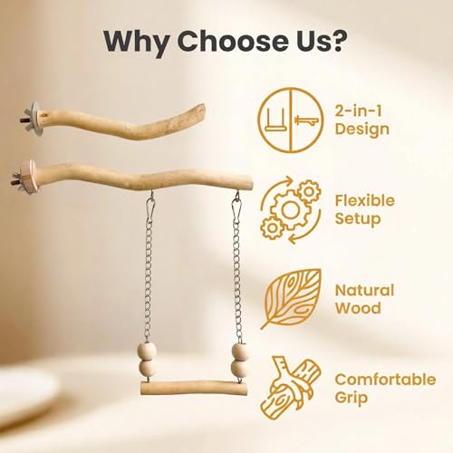 Bird Perch and Swing Set for Small Birds, Natural Wood Cage Accessories | 2-in-1 Integrated Perch with Hanging Swing for Budgies, Parakeets, Cockatiels & Lovebirds, Encourages Climbing & Activity - size: Short