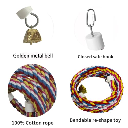 2PCSx 79inch(200cm) Bird Spiral Rope with Golden Bell Perches Birdcage Swing Toys 100% Cotton Natural Bird Perch Peck/Chewing Climbing Standing Bungee Parrot Toys for Regular to Large Size Parrot - size: 79 inches (2 pieces)