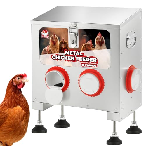 Chicken Feeder 25LBS,4-Port Metal Poultry Feeder for Chickens, Poultry Coop | No Waste with Locking Lid&Riveted Handles,Adjustable Height,Large Capacity Rainproof Automatic Chicken Feeders - size: 25lbs