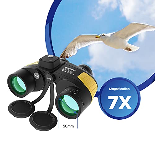 AOMEKIE 7x50 Waterproof Marine Binoculars for Adults with Rangefinder Compass BAK4 Prism FMC Lens for Birdwatching Hunting Boating Fishing Water Sports(Yellow) - color: Yellow