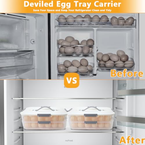 2-Layer Deviled Egg Containers With Lid, 36PCS Deviled Egg Tray Carrier with Handle and Piping Tool, Portable Stackable Egg Holder Platter Holder Organizer for Refrigerator Party Picnic Leak-Proof