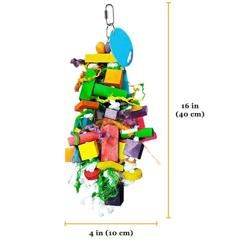SunGrow Parrot Toy – Bird Foraging & Chew Toy with Wooden Blocks and Cotton Rope, Hanging Cage Accessory for Conures, Budgies, Parakeets & Other Small Birds