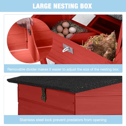 Large Chicken Coop with Run, Mobile Chicken Tractor with Wheels, Wooden Hen House with Waterproof Roof, Nesting Box and Pull-Out Tray, Poultry Cage for 4 Chickens, Rabbit/Bunny Hutch (Red) - color: Red