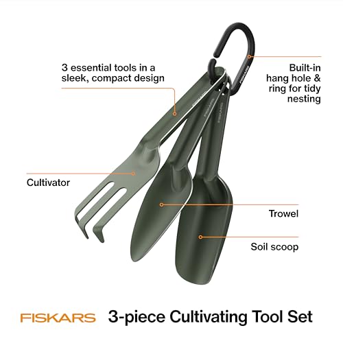 Fiskars 3-Piece House Plant Cultivating Tool Set for Indoor Gardening | Nesting Trowel, Soil Scoop & Cultivator, Stainless Steel with Green Powder Coat Finish, Space-Saving Design for Repotting - size: 3-Piece Set