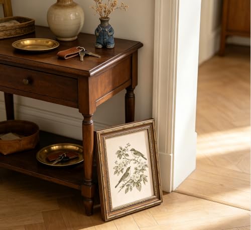 Vintage Gold Framed Bird Wall Art, Birds on Floral Branch Canvas Print, Antique Neutral Cottagecore Wall Decor, Retro Sepia Sketch Wildlife Botanical Poster Artwork for Bedroom Living Room - color: Bird-2, size: 11"L x 9"W