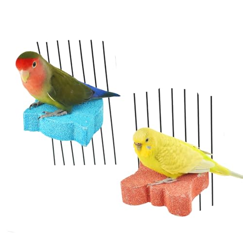 2Pcs Bird Beak Grinding Stone Perch Parrot Calcium Chewing Claw Trimmer Toy | Bird Cage Natural Volcanic Rock Mineral Platform Stand, Chinchillas Rabbits Lava Blocks Chews for Teeth, Small Medium Parrots