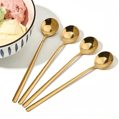 Long-handled Mirror-Finish Small Round Stainless Steel Spoon, Suitable for Scooping Bird's Nest, Honey, Coffee, Milk Powder, Sugar, Cocoa Powder and Other Foods & Desserts (4pcs 6.7", Gold-Plated) - size: 6.7in, style: 4Pcs Gold-Plated