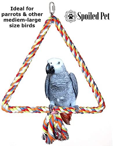 Spoiled Pet® Large Bird Rope Perch Triangle Swing Toy Multicolor 12 Inch | Natural cotton & steel rod cage accessory for Parrots Cockatoos, Safe to climb, chew, relieve boredom, with metal quick link