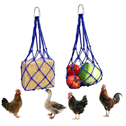 Chicken Vegetable Hanging Feeder 2PCS, Reusable String Bag Net Hanging Feeder for Chickens Ducks Coops Toy, Enrichment Toys, Treat Holder, No Waste Poultry Accessory(Blue) - color: Blue