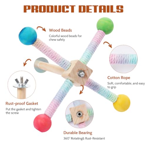360° Spinning Parrot Perch Toy Rainbow Cotton Rope Natural Wood Parrot Toys Interactive Bird Cage Accessories Relieve Boredom Anxiety for Conures Cockatiels Lovebirds Small Medium Birds