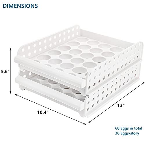 60 Egg Drawer for Refrigerator, 2-Layer Stackable Egg Holder Storage Container for Countertop, Large Capacity Plastic Fresh Egg Tray Dispenser Organizer Keeper with Handle for Kitchen