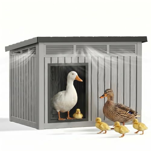 Chicken Coop with Hydraulic Air Rod, Resin Duck Coop with Elevated Floor and Air Vents, Duck House, Backyard Poultry Pet Shelter with Weatherproof Openable Roof, for Chicken, Ducks, Rabbits, Grey - color: Classic Grey, size: 32.2"L x 25.1"W x 24.1"H