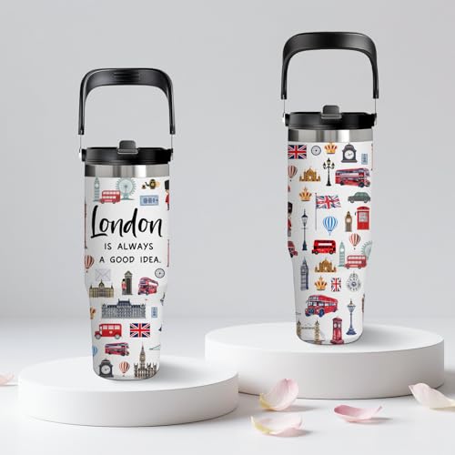 30oz London-Themed Gift Tumbler with Handle - Stainless Steel Travel Mug Featuring British Landmarks, Double Wall Thermal Cup for Tea & Coffee Lovers, Christmas Birthday Present for City Explorers - color: London1