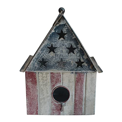 Rustic Vintage Metal Garden Birdhouse American Flag Design Single Roof Hanging Bird House for Outside