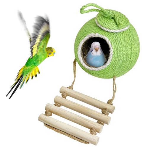 Tfwadmx Coconut Hide with Ladder, Natural Coconut Fiber Hanging Birdhouse Cage, Handmade Sisal Rope & Coconut Bird Shell Breeding Nest for Parrot Parakeet Lovebird Finch Canary (2 Pcs Green)