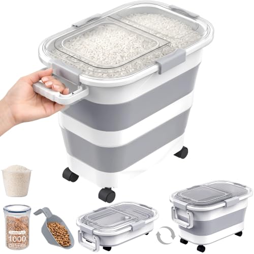 30 Lbs Rice Container, Collapsible Dog Food Storage Container | Airtight Cat Food Container with Wheels, Transparent Lid, Measuring Cup, Scoop and Handle, BPA Free for Pet Food, Bird Seed - size: 30lbs
