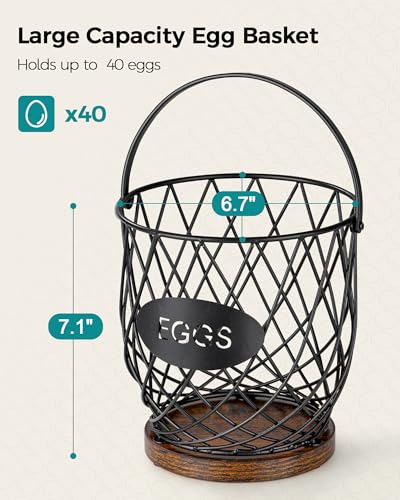 Chicken Egg Basket for Gathering Fresh Eggs, Wire Egg Collecting Basket | Metal Handle, Wooden Base, Round Egg Holder Countertop, Vintage Farmhouse Kitchen Decor, Fruit Storage - color: Rustic Brown