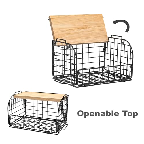 2 Set Stackable Wire Basket with Openable Top, Kitchen Counter, Pantry Organizer and Storage Produce Onion Potato Fruits Vegs Bread Food Snack Spice Organizing Bin for Cabinet Shelf Countertop Floor